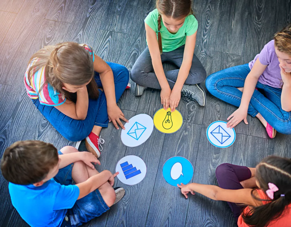 children-students-playing-game-floor-with-communication-icons-decision-making-learning-diversity-people-problem-solving-with-educational-activity-solution-knowledge-top-view