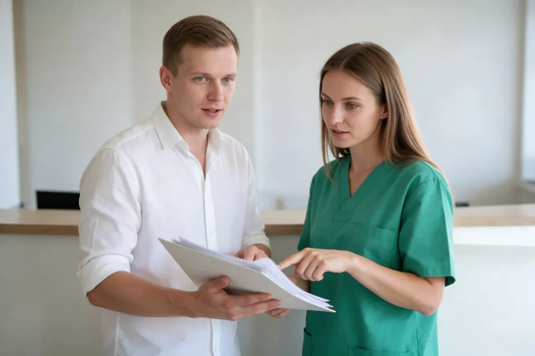 dyrektor placówki rozmawia z pielęgniarką o dokumentach