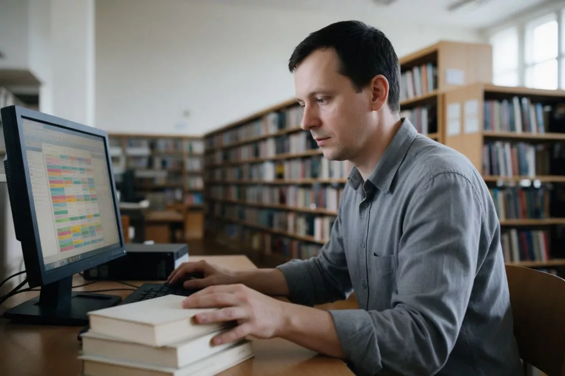 bibliotekarz katalogujący książki przy komputerze