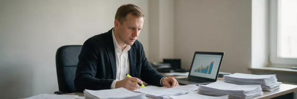 biegły analizuje dokumenty finansowe w biurze