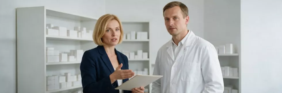 prawniczka rozmawia z farmaceutą na zapleczu apteki