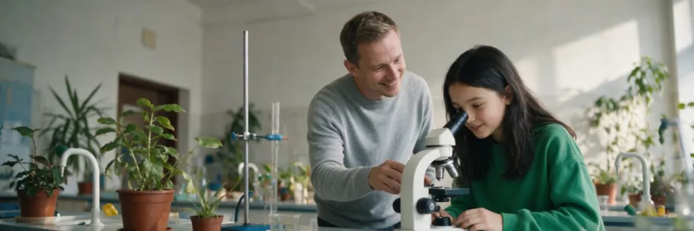nauczyciel biologii z uczennicą przy mikroskopie
