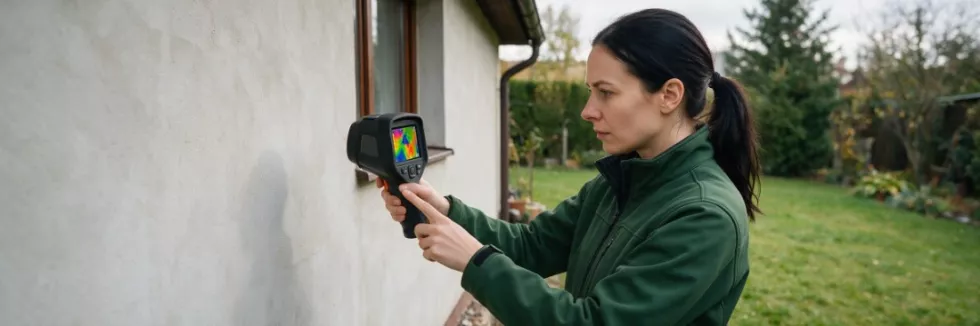 audytorka z kamerą termowizyjną przy domu