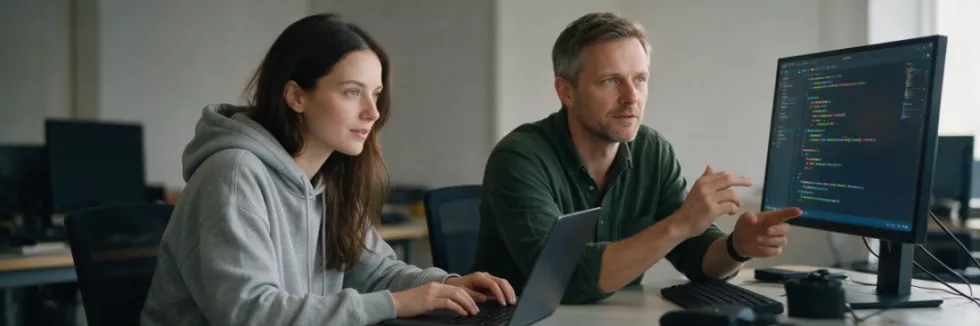 programistka i programista wspólnie piszą kod