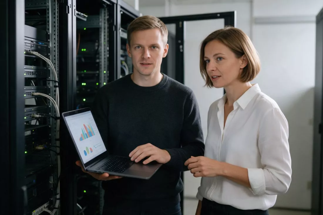programiści sprawdzają działanie aplikacji w serwerowni