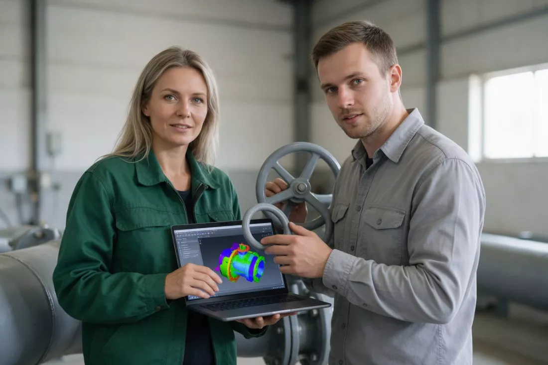 projektantka porównuje symulację z instalacją w hali