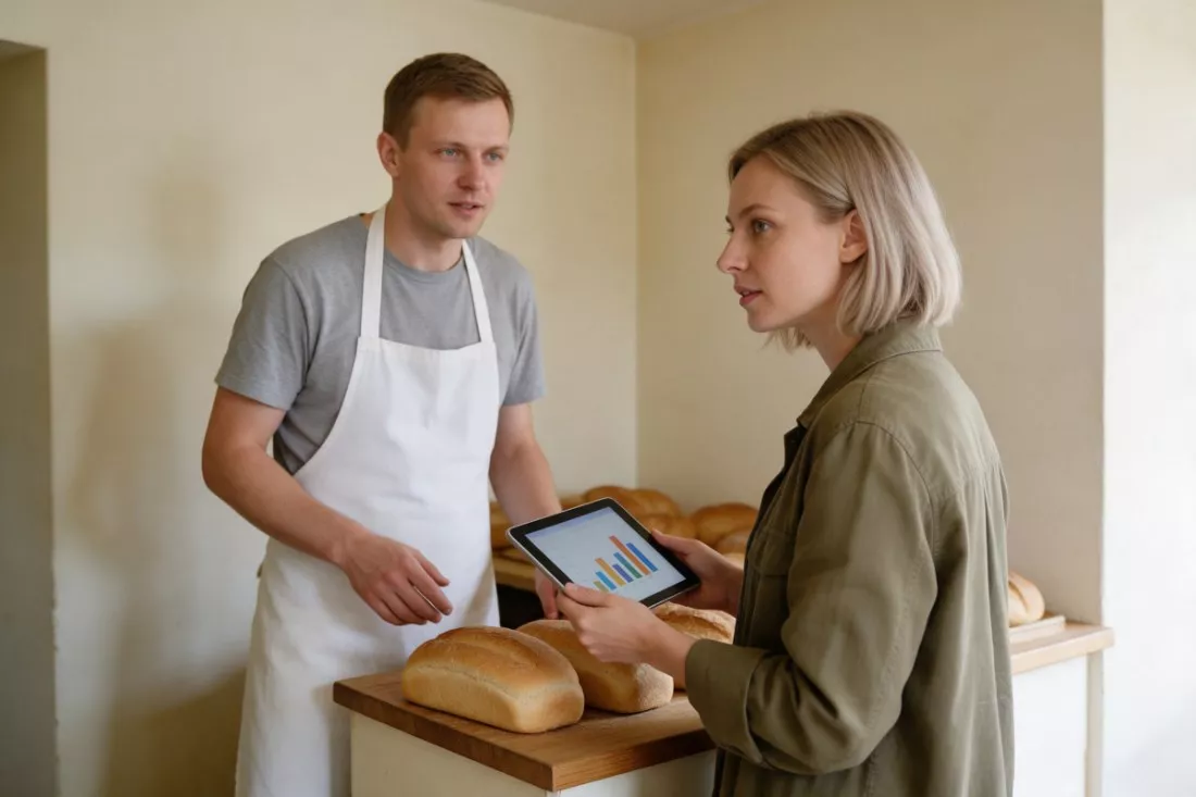 piekarz omawia wyniki firmy z doradczynią