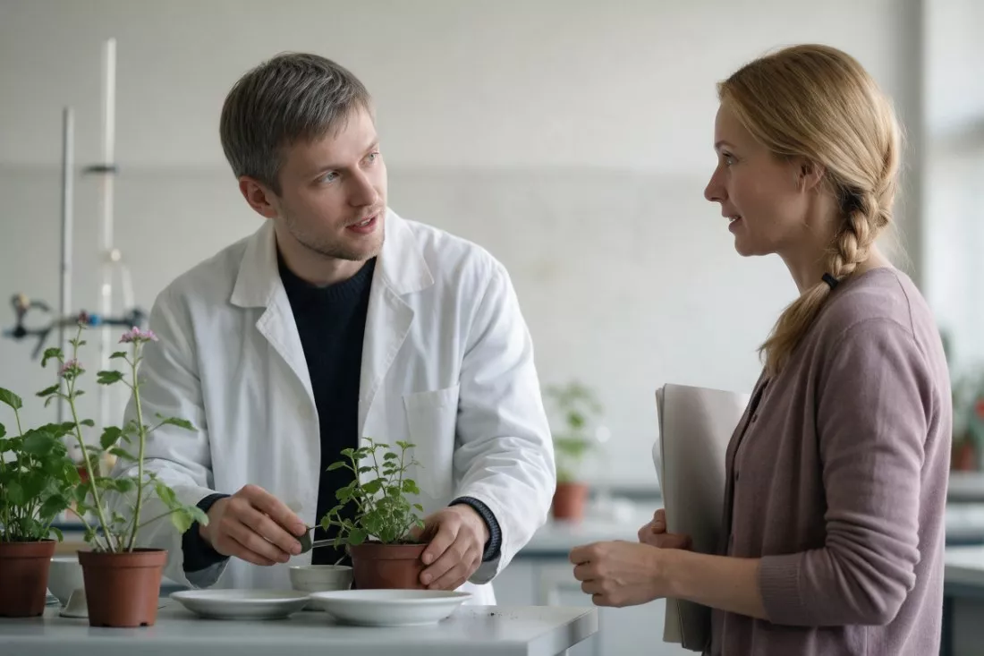 nauczyciel przygotowuje lekcję biologii z koleżanką