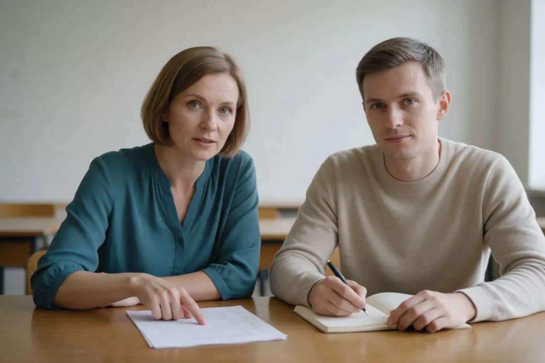 nauczycielka omawia plan lekcji z nowym nauczycielem