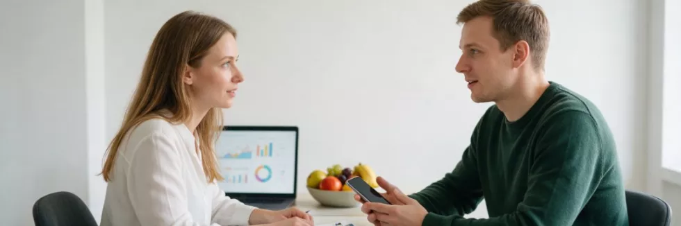psychodietetyczka analizuje dane klienta na laptopie