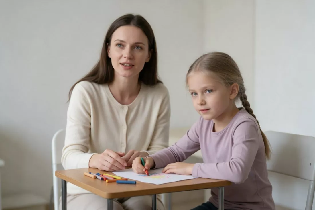psycholożka rozmawia z rysującą dziewczynką