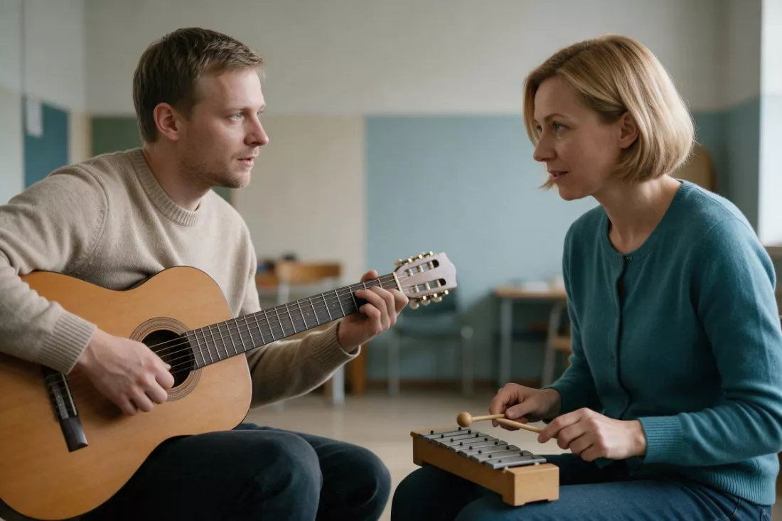 instruktor z gitarą i uczestniczka zajęć muzycznych