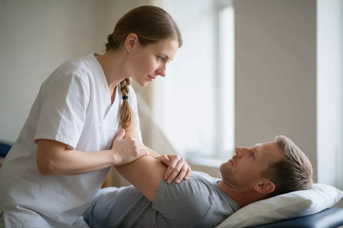fizjoterapeutka pracuje z barkiem pacjenta