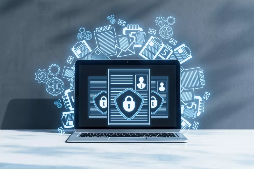 close-up-laptop-computer-with-creative-digital-security-padlock-sketch-concrete-wall-background-secure-safety-identification-concept-3d-rendering