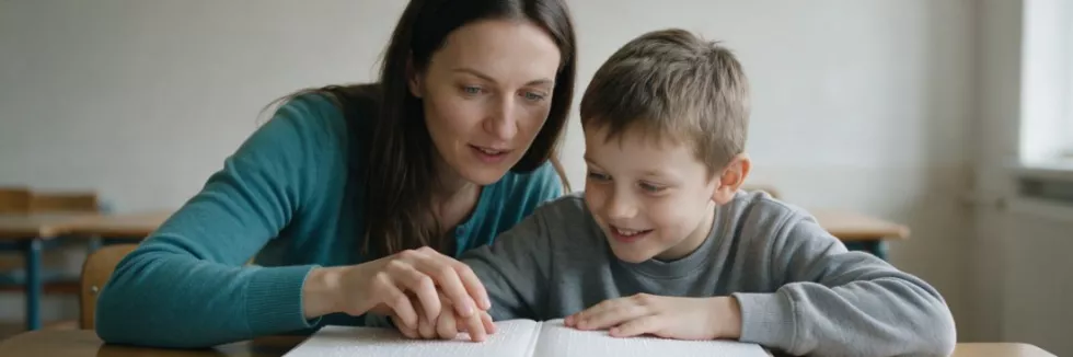 tyflopedagożka uczy chłopca pisma Braille’a