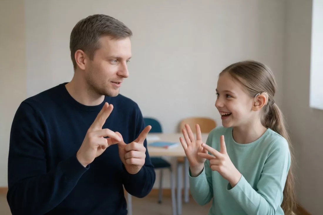 surdopedagog rozmawia z dziewczynką językiem migowym