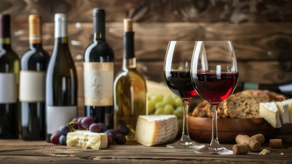 two-glasses-red-wine-selection-cheeses-several-wine-bottles-sit-rustic-wooden-table-generative-ai