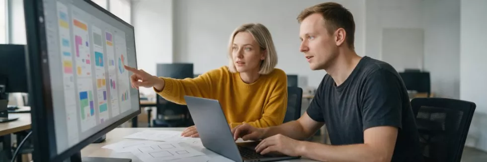 projektantka i projektant omawiają makiety aplikacji