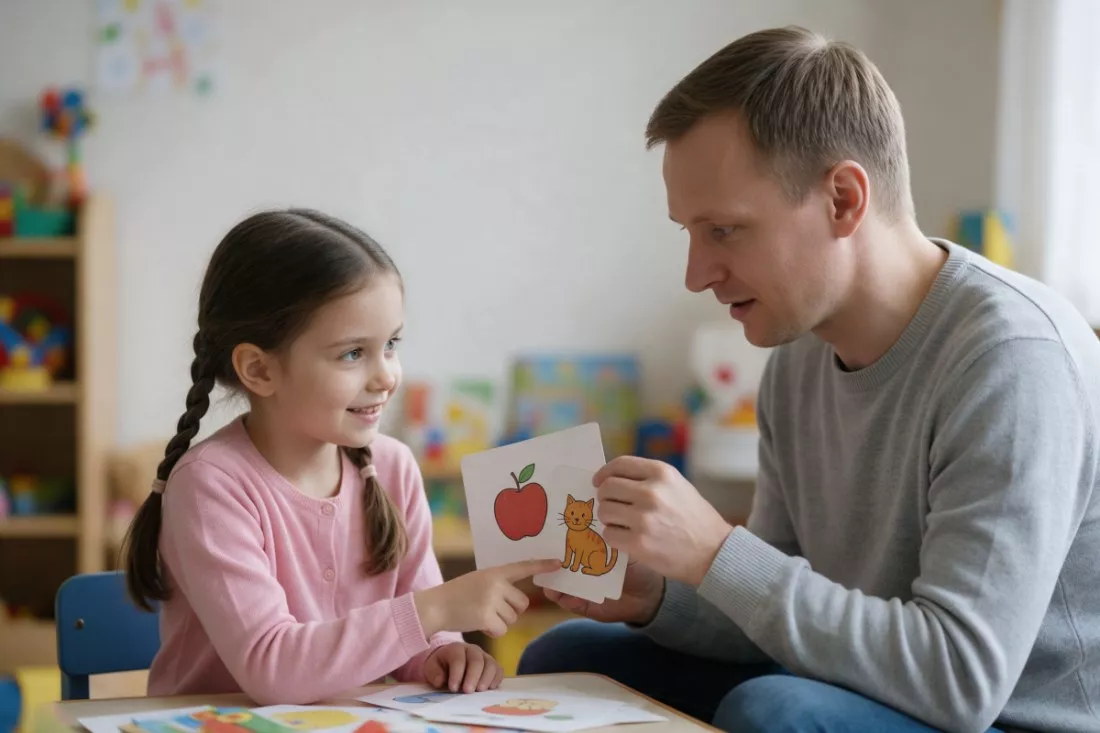 nauczyciel pokazuje dziewczynce karty obrazkowe