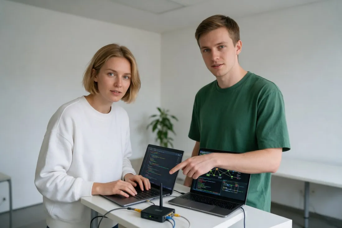 studenci-konfiguruja-routery-przy-laptopach