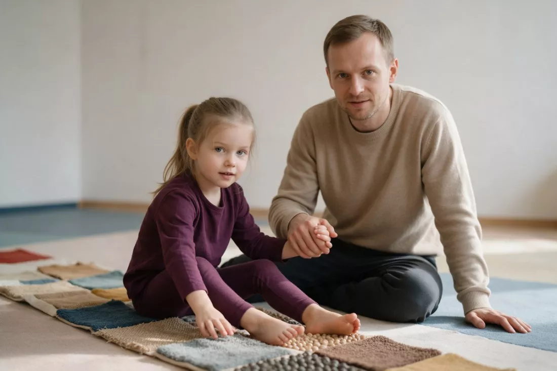 terapeuta i dziewczynka na ścieżce sensorycznej