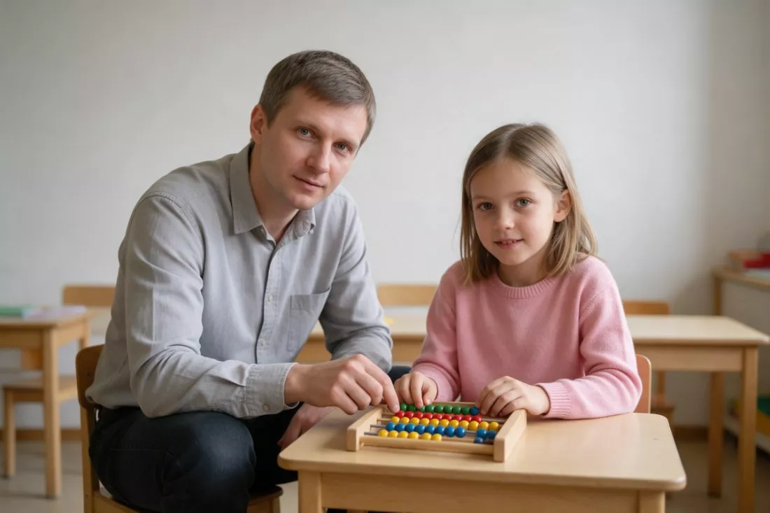 nauczyciel uczy dziewczynkę liczenia