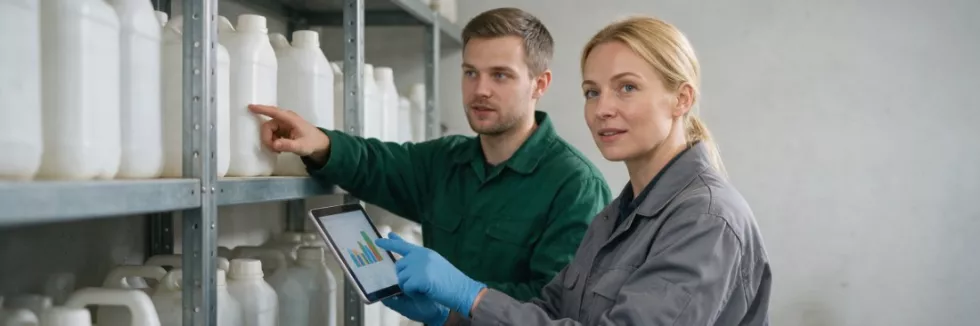 specjalistka kontroluje magazyn chemikaliów
