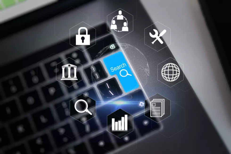 search-laptop-keyboard-cybersecurity-overlay-show-futuristic-hologram-icons-software-online-safety-protection-technology-ux-cyber-security-future-fintech-computer