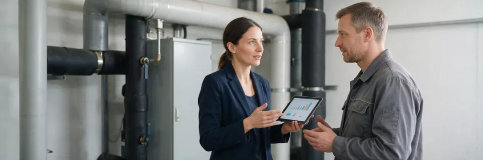 menedżerka energii rozmawia z technikiem w zakładzie