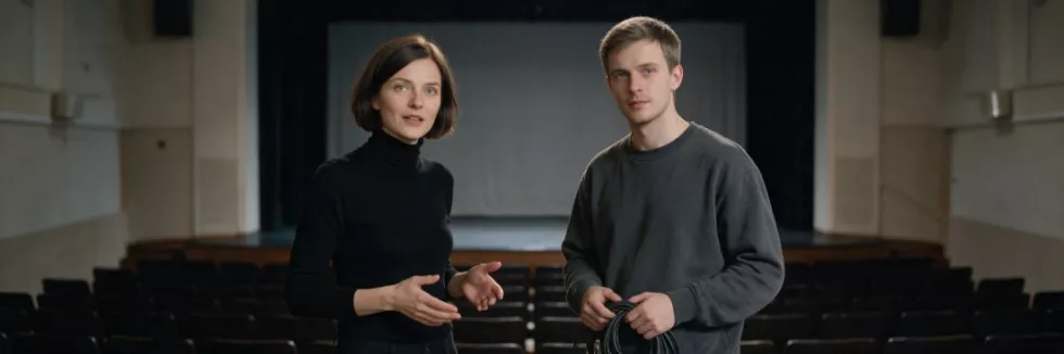 menedżerka kultury rozmawia z technikiem sceny