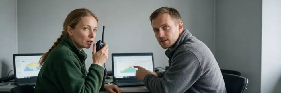 koordynatorzy kryzysowi pracują przy laptopach