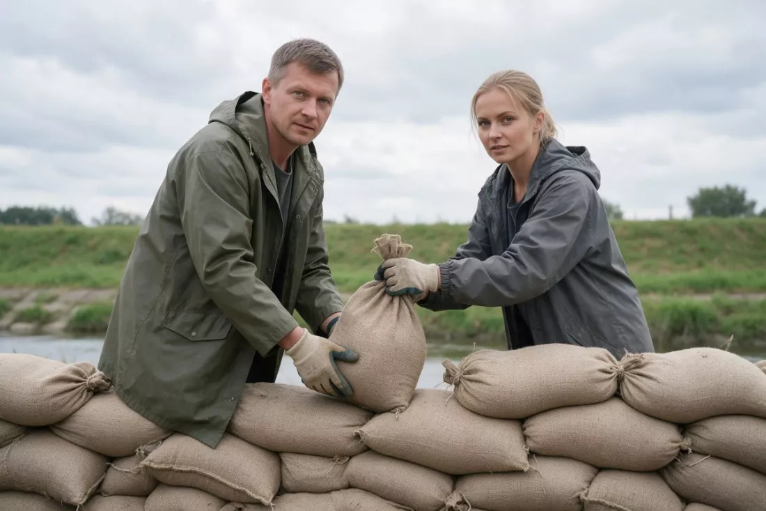 układanie worków z piaskiem nad rzeką