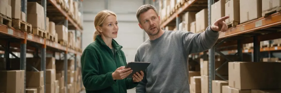 kierowniczka logistyki rozmawia z magazynierem