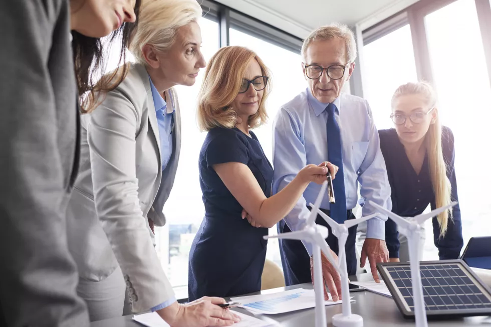 colleagues-discussing-windmills-office