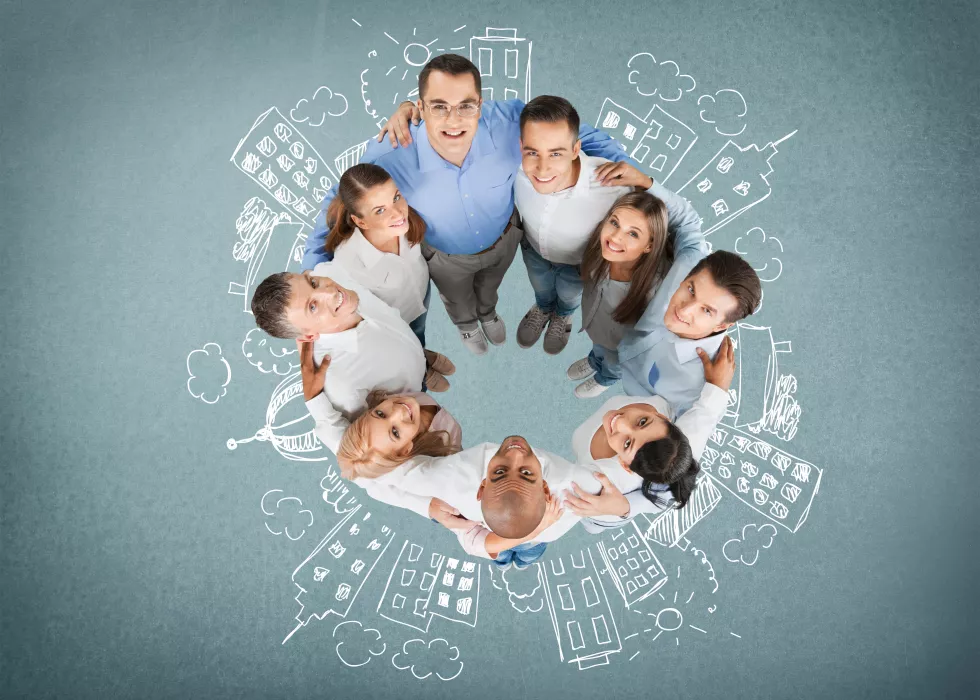 smiling-young-business-people-buildings-drawings-background