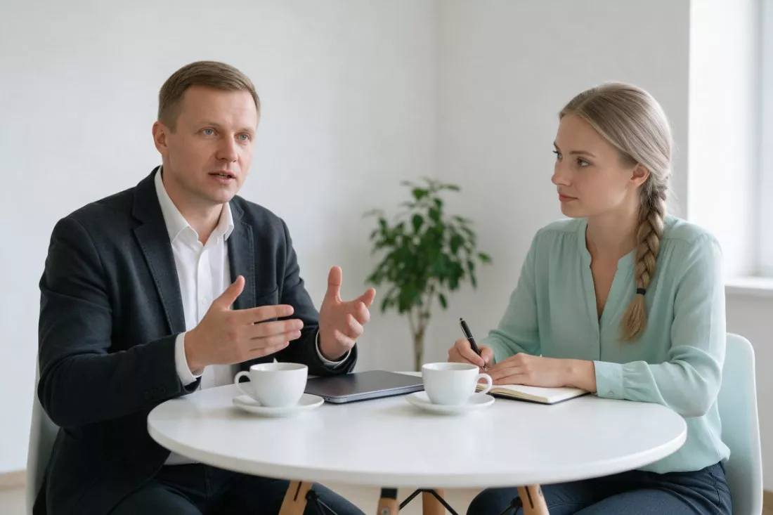 lider oświaty rozmawia z kobietą przy stole