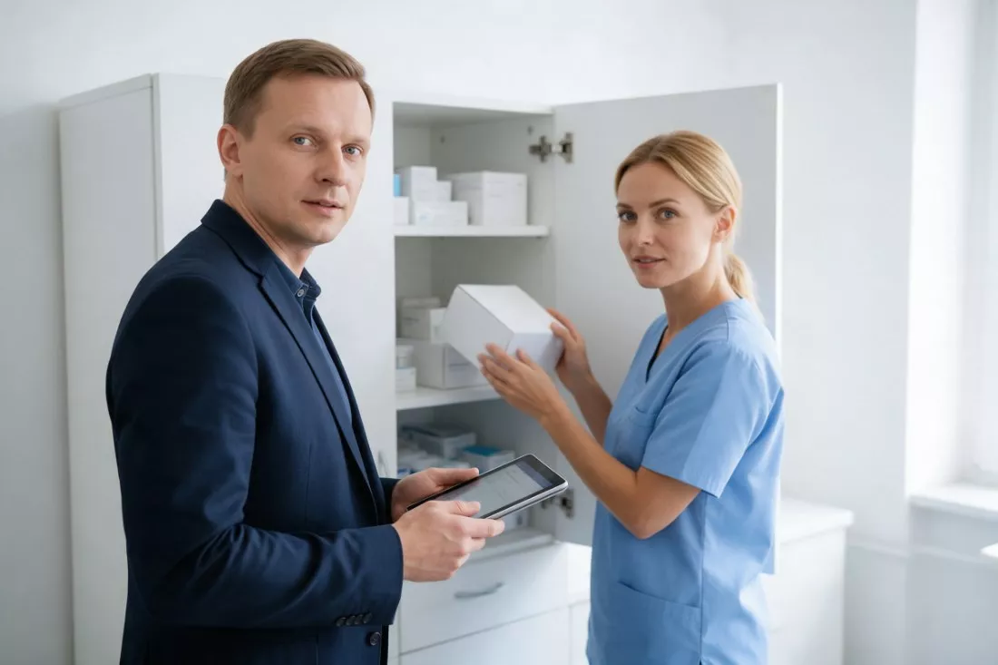 kierownik placówki sprawdza wyposażenie z pielęgniarką