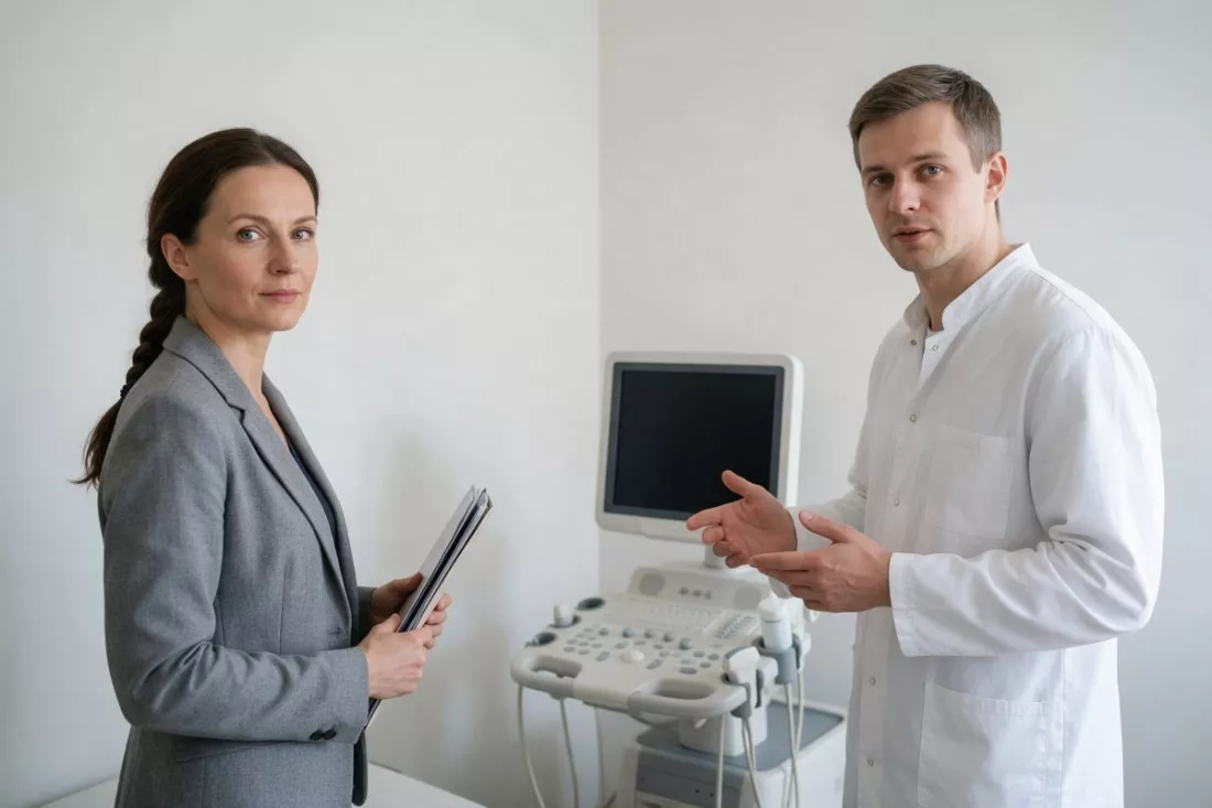 menedżerka szpitala z technikiem przy aparacie USG