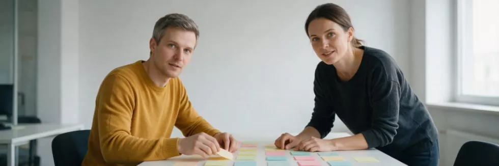 kierownik projektu przestawia karteczki zadań z kobietą