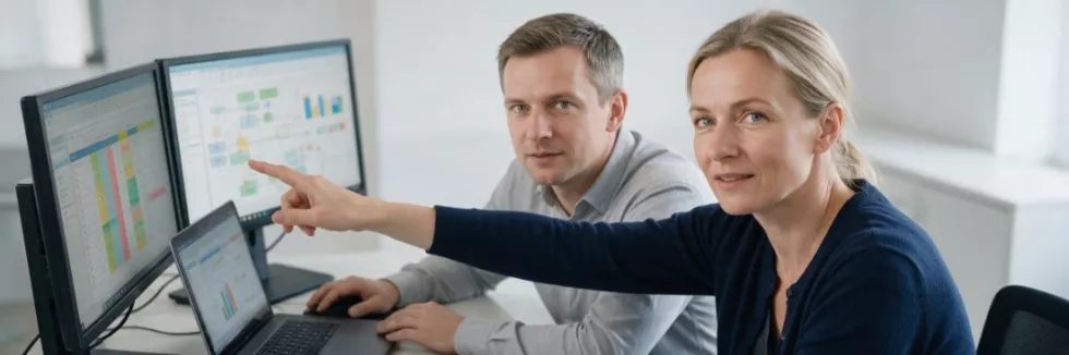 konsultant ERP i pracownica przy monitorach