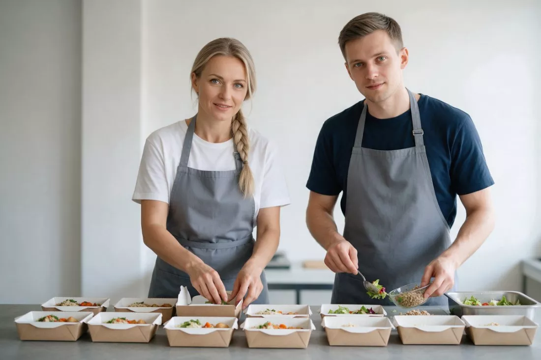 pracownicy cateringu pakują zbilansowane posiłki