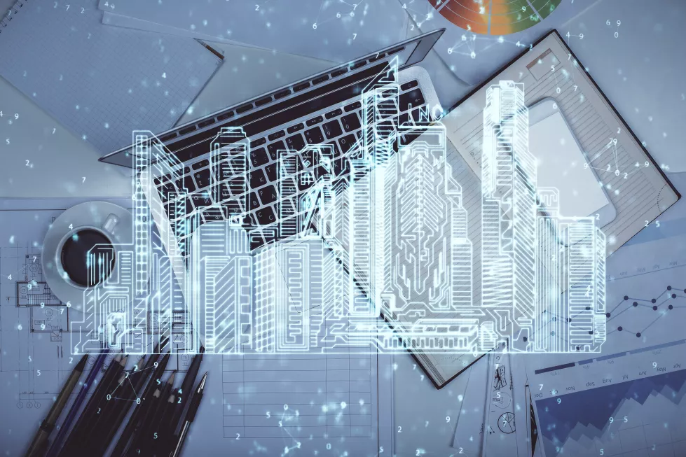 city-drawing-computer-desktop-background-top-view-double-exposure-smart-home-concept