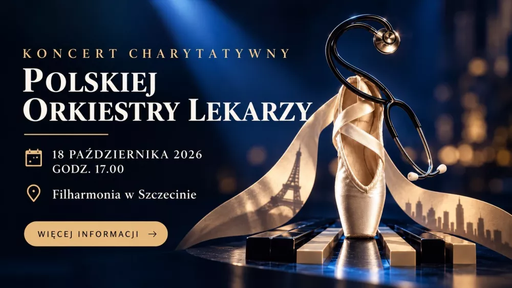 Grafika zapowiadająca koncert charytatywny Polskiej Orkiestry Lekarzy w Szczecinie