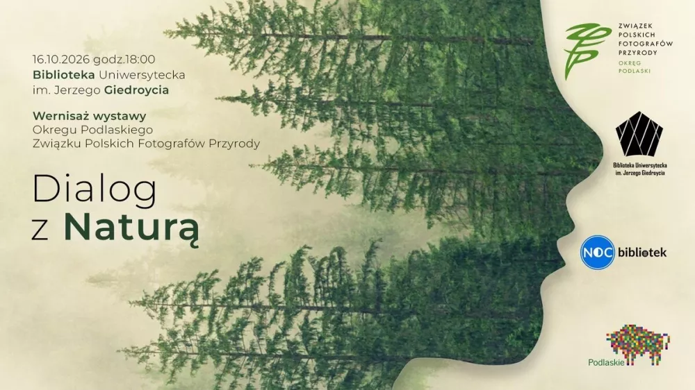 Baner wystawy fotografii przyrodniczej ze zdjęciem podlaskiej przyrody.