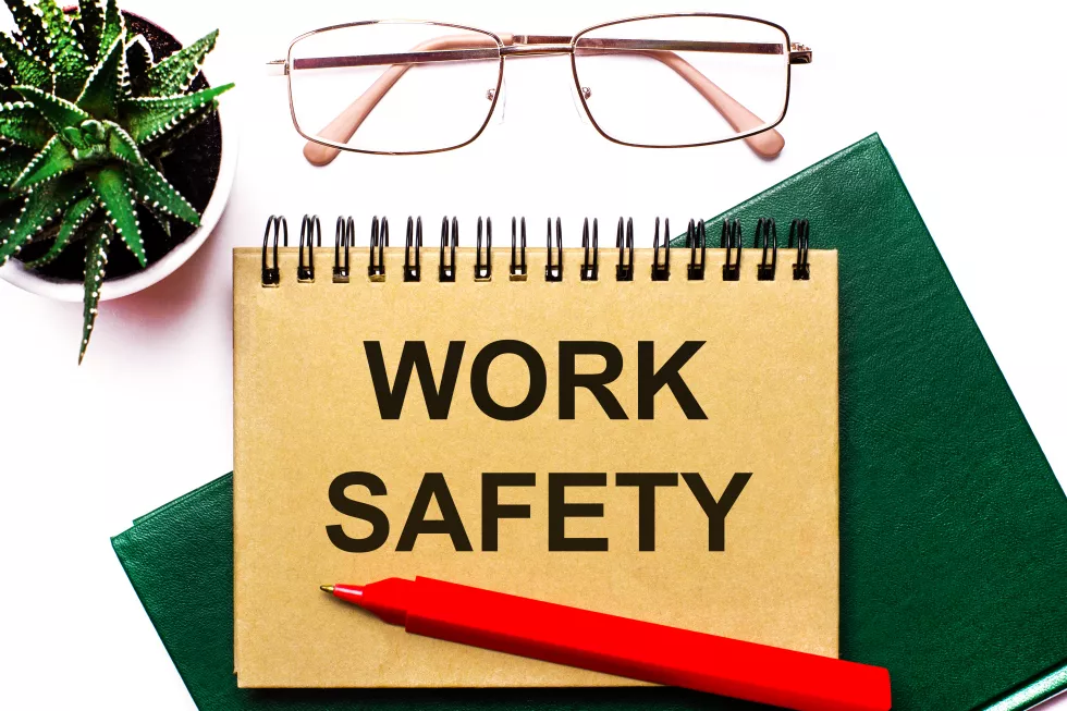 light-background-goldframed-glasses-flower-pot-green-notebook-red-pen-brown-notebook-with-text-work-safety-business-concept