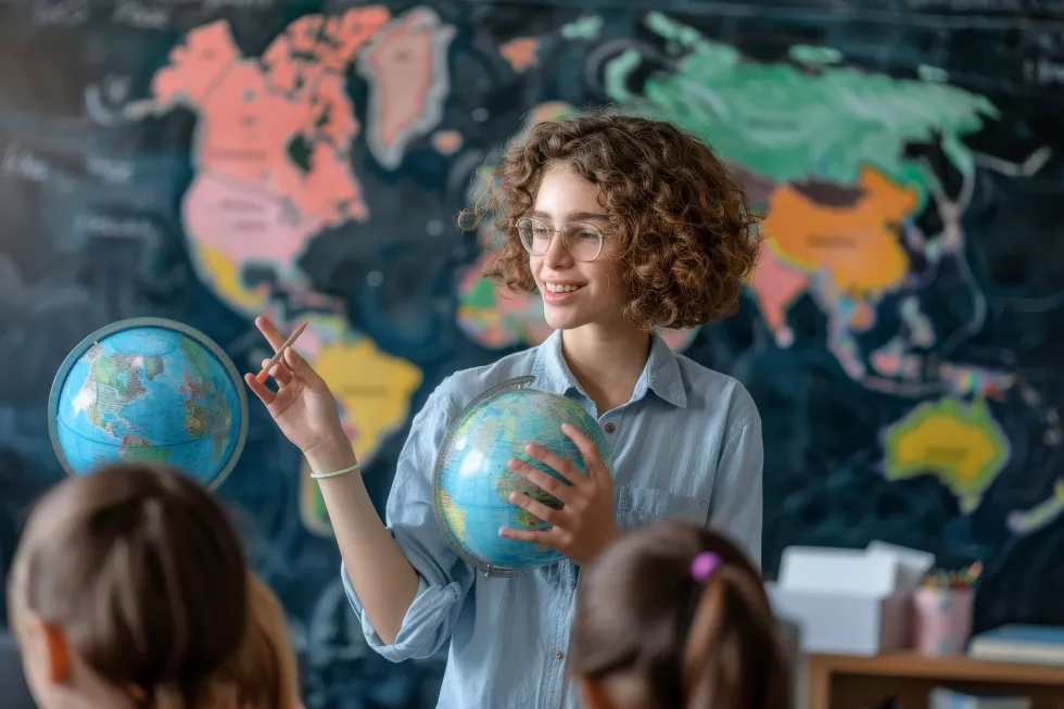 woman-teacher-holds-globe-while-teaching-group-children-teacher-holding-globe-while-pointing-different-countries-it