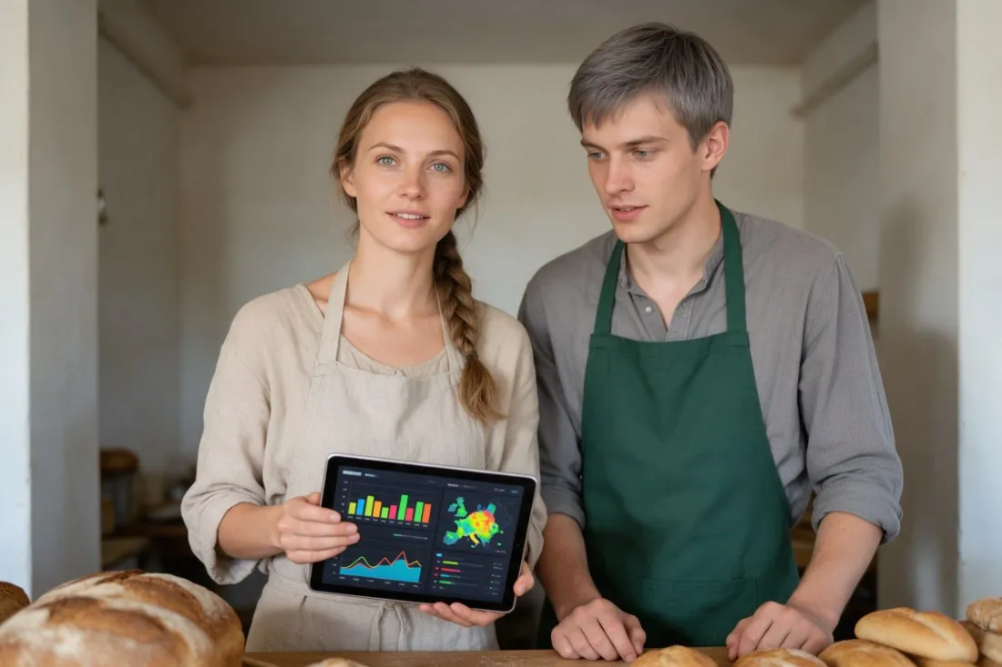 studenci-w-piekarni-analizuja-dane-sprzedazy-na-tablecie