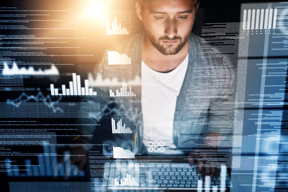 man-web-design-coding-overlay-data-analytics-fintech-app-reporting-software-with-lens-flare-office-male-person-programmer-night-with-graph-script-financial-review