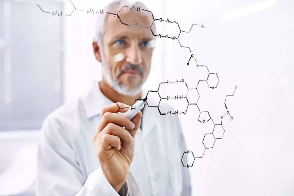 science-research-man-with-writing-dna-molecule-testing-breakthrough-experiment-project-mature-person-researcher-professional-lab-innovation-particles-with-healthcare