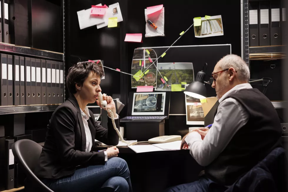 woman-private-investigator-talking-with-remote-inspector-landline-phone-discussing-criminal-investigations-report-criminology-team-working-late-night-arhive-room-analyzing-evidence-files